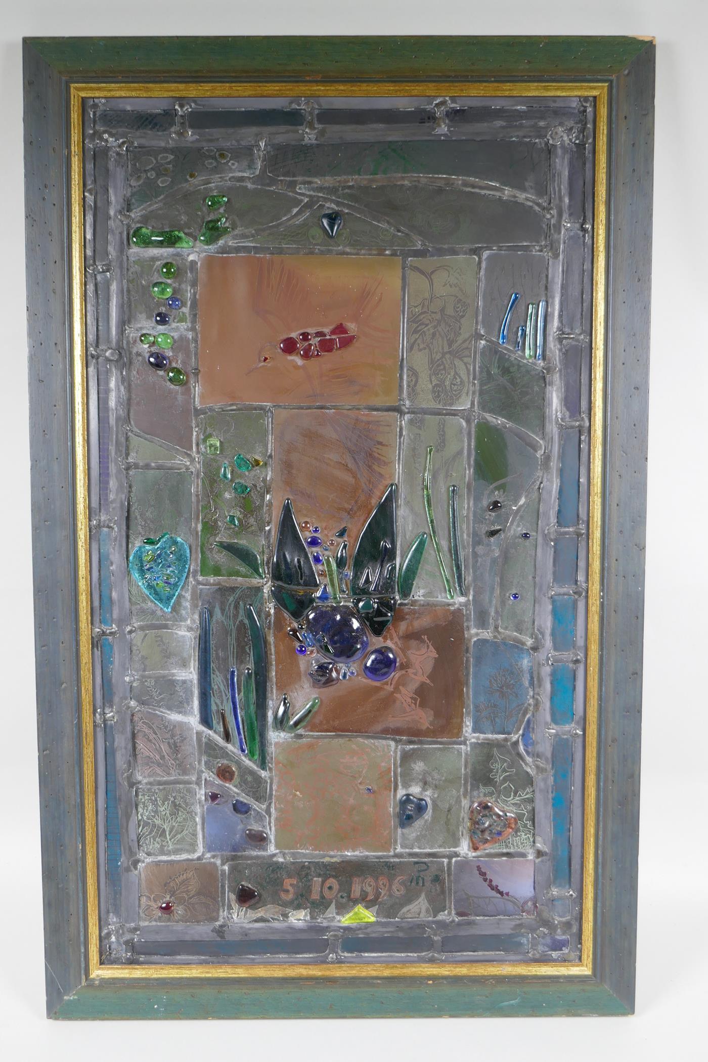 A stained glass artwork panel decorated with birds, monogrammed PM, 42 x 68cm - Image 2 of 4