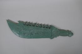 A Chinese carved mottled green hardstone chopper, 51cm long