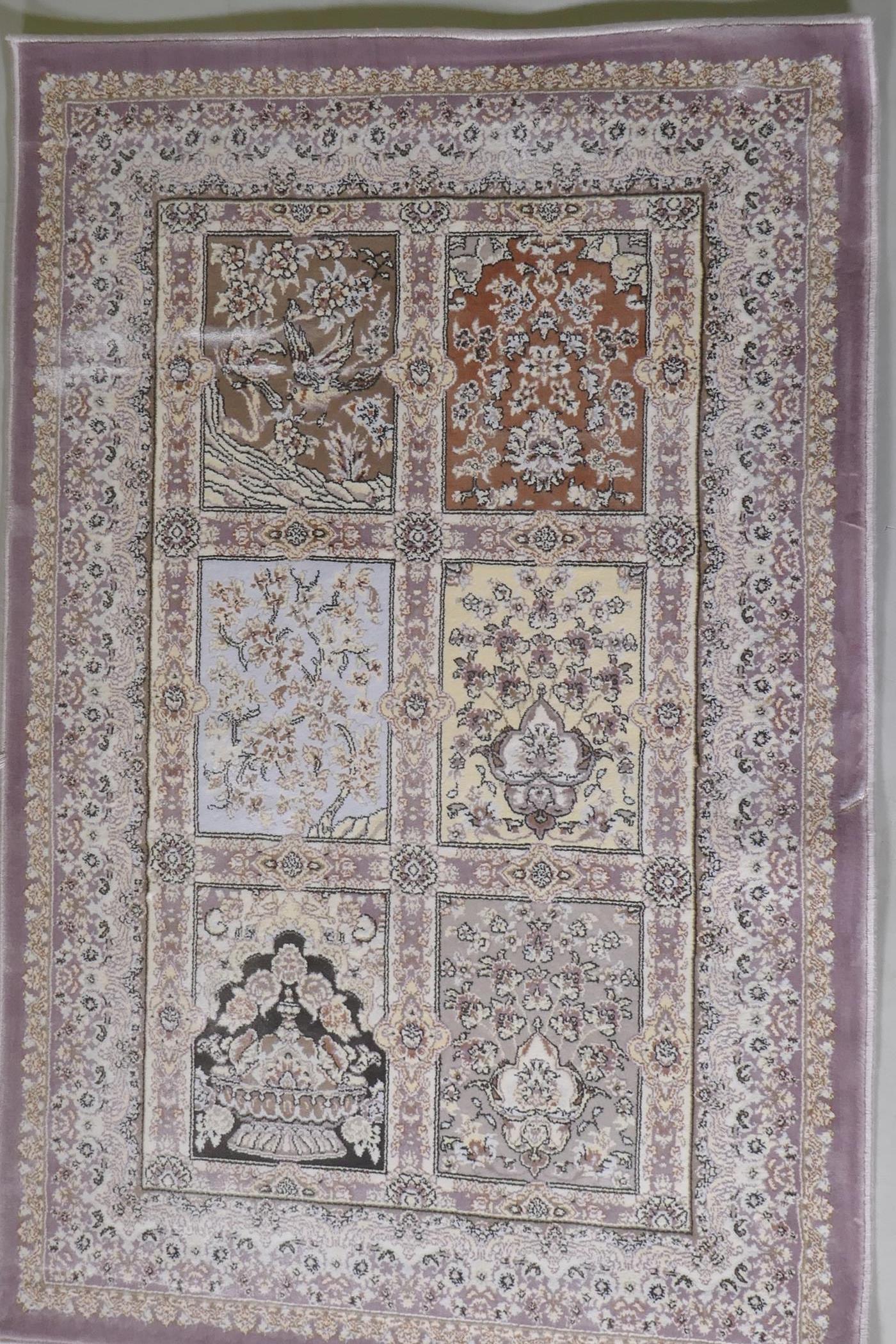 A pair of fine woven bamboo silk rugs with traditional Persian panel designs on a lilac coloured - Image 3 of 5