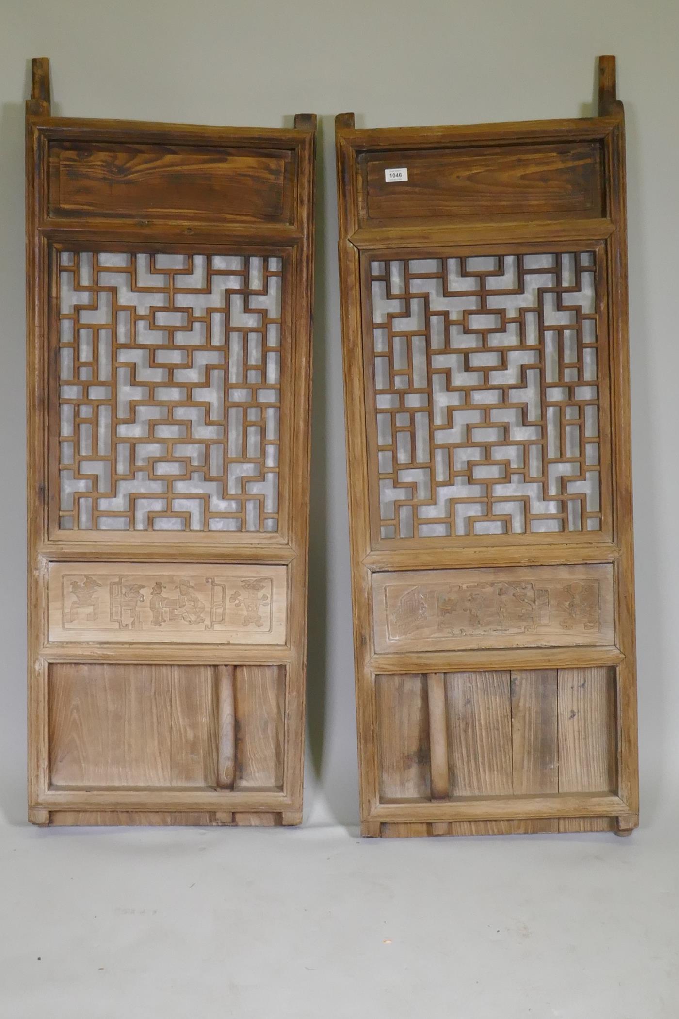 A pair of Chinese elm door panels, 50 x 140cm