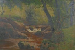 A C19th woodland scene with a figure fishing in a stream, bears signature Alfred De Breanski (
