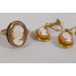 A 9ct gold cameo ring, size M, 4.3g, and a pair of 9ct gold cameo earrings