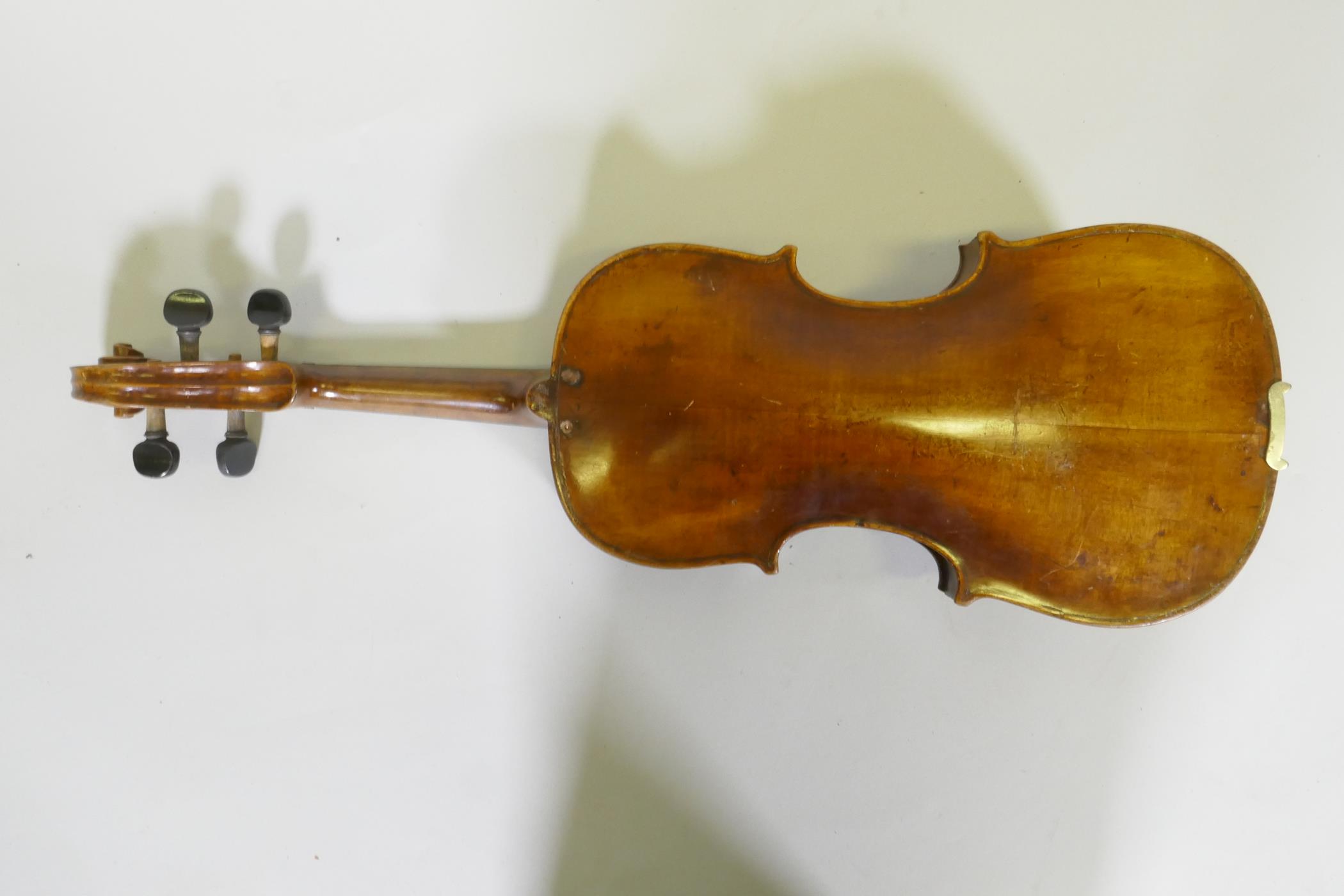 Early C20th full size violin stamped Hopf, with two piece back, 35.5cm long without button, and a - Image 4 of 11