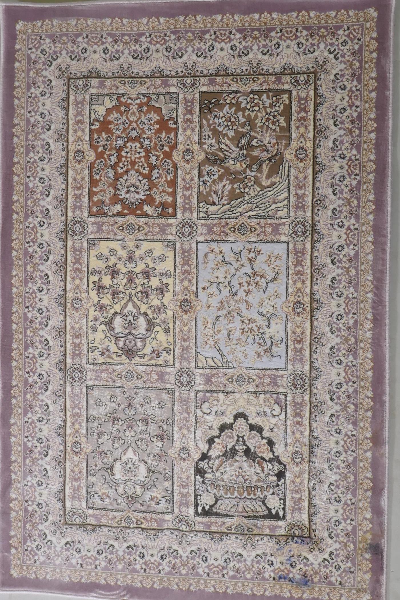 A pair of fine woven bamboo silk rugs with traditional Persian panel designs on a lilac coloured - Image 2 of 5