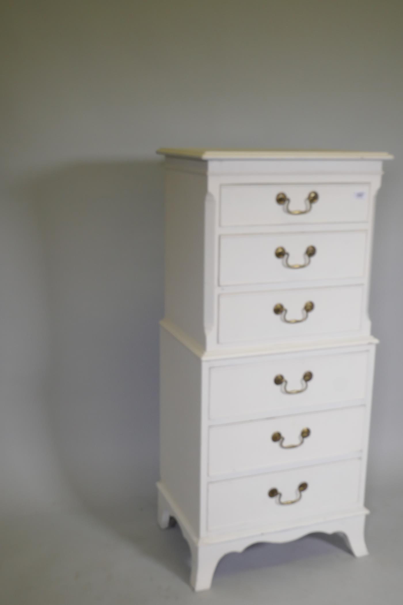 A painted tallboy chest of six drawers with brass swan neck handles, raised on swept supports, 52 - Image 2 of 2