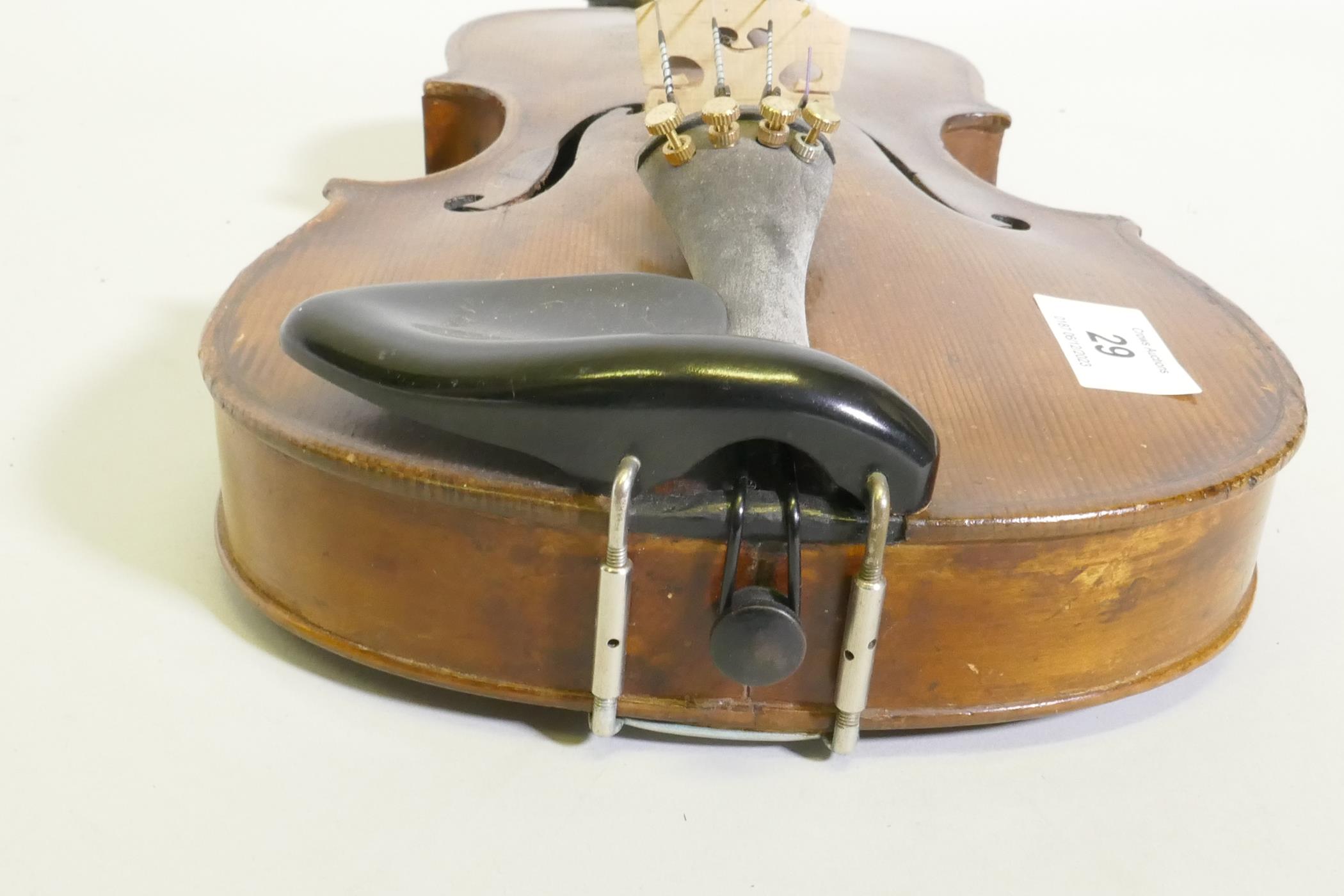 Early C20th full size violin stamped Hopf, with two piece back, 35.5cm long without button, and a - Image 6 of 11