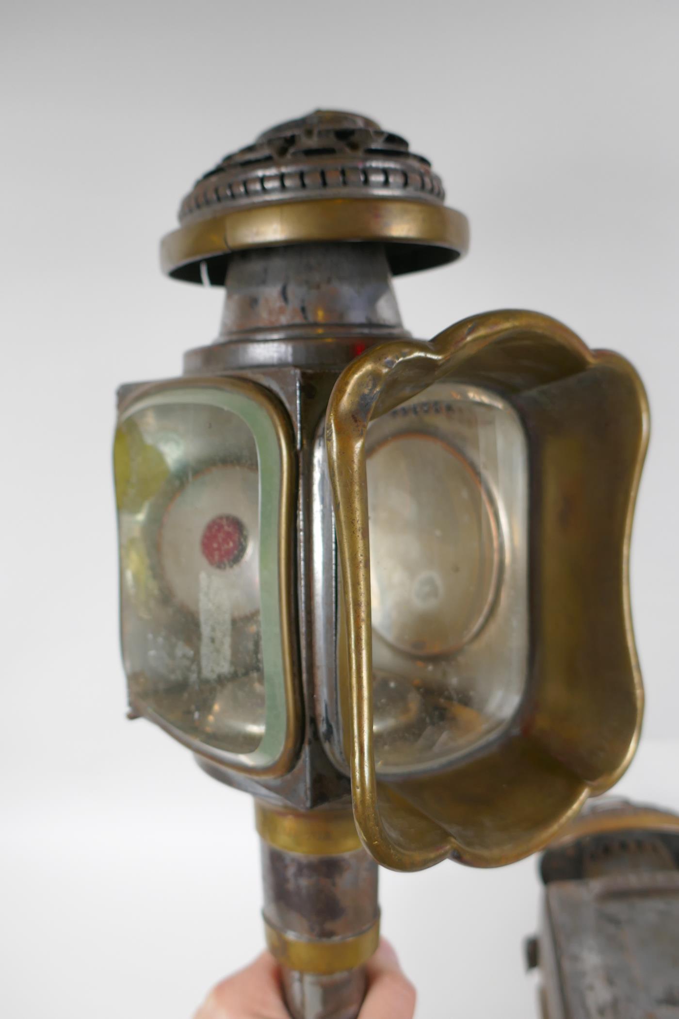 A pair of antique brass and steel coach lamps with bevelled glass panels, 44cm - Image 6 of 6