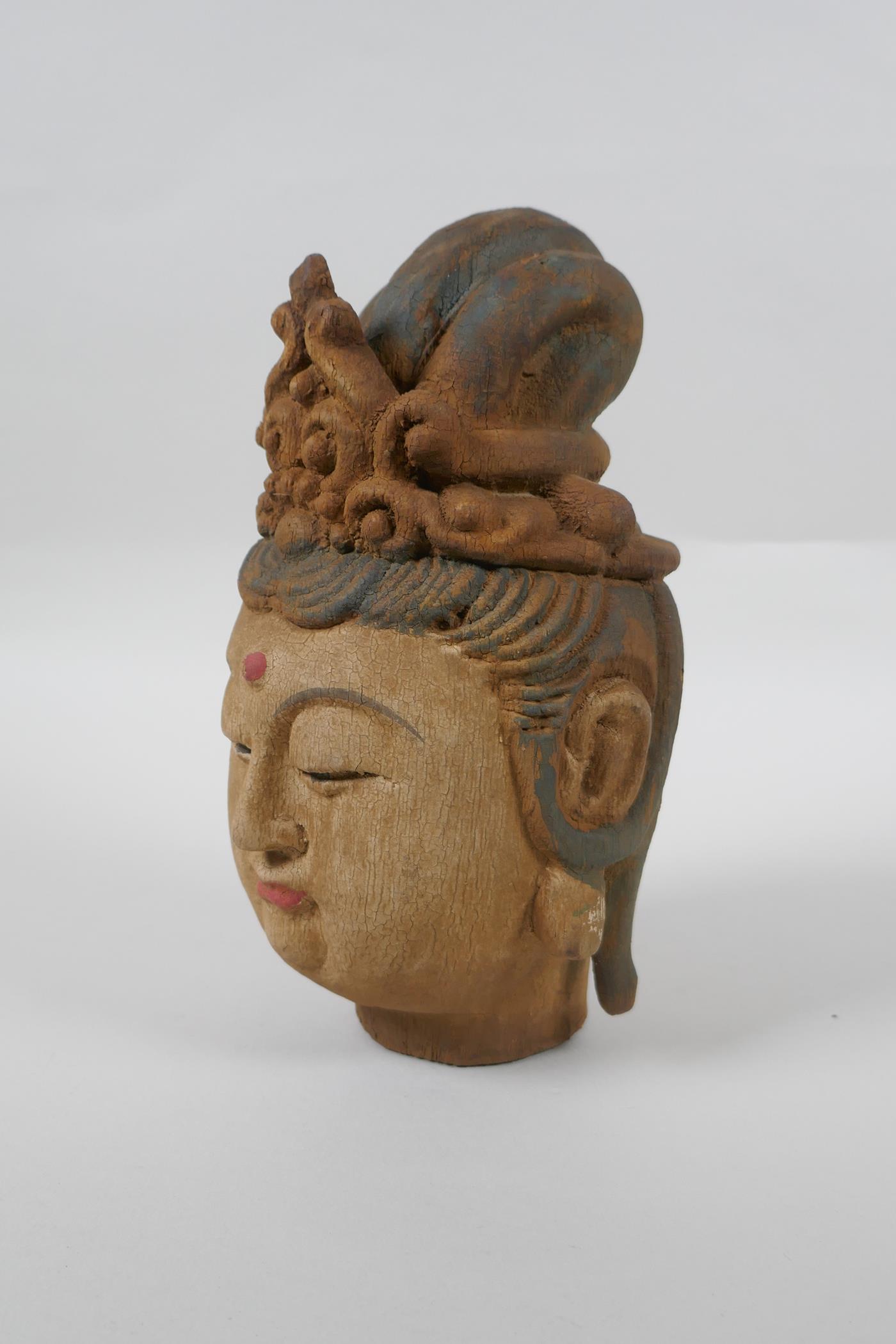 A Chinese carved, painted and distressed wood Quan Yin bust, 22cm high - Image 2 of 4