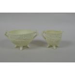 Two Victorian Sowerby patent ivory Queens Ware glass pots with peacock decoration, 8cm diameter