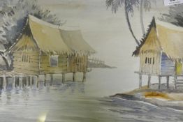 S.M. Tan, oriental scene with village huts on stilts, signed, watercolour, mid C20th, 36 x 27cm