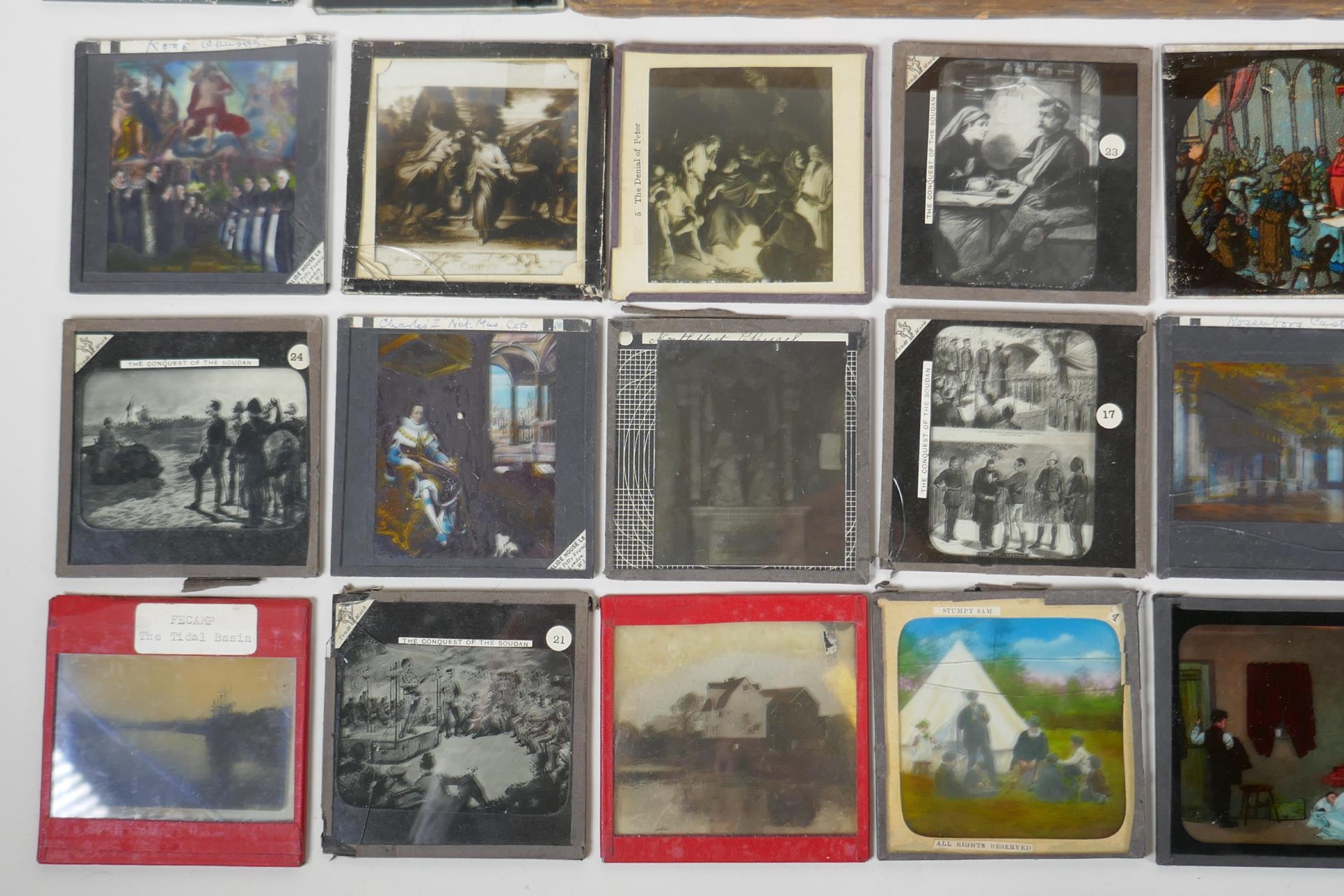 A quantity of antique assorted magic lantern slides depicting the Conquest of the Sudan, religious - Image 2 of 7