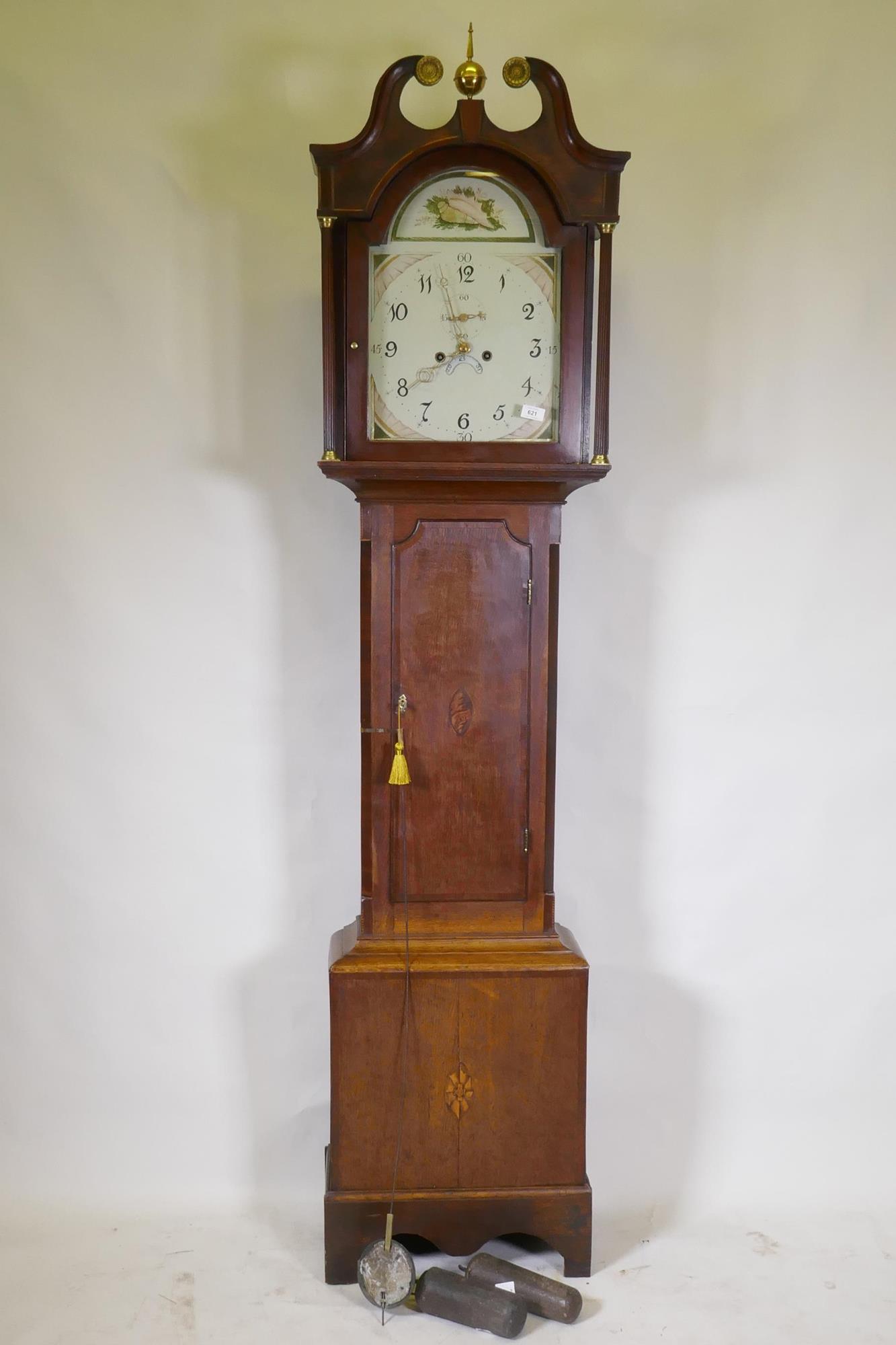 C19th oak long case clock, the case with banded veneer, and inlaid shell decoration, the painted