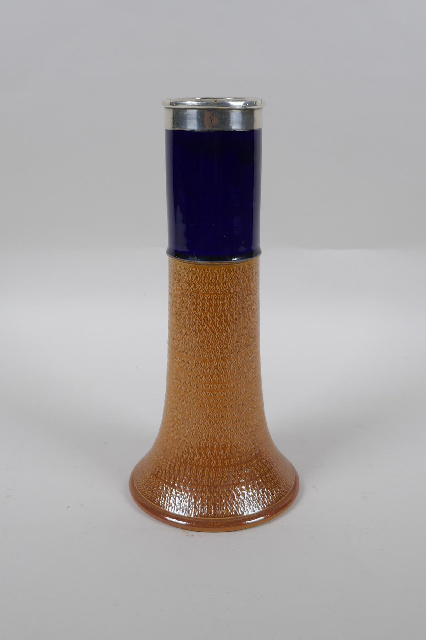 An antique Doulton Lambeth vase with blue glazed band and a hallmarked silver collar, (London, 1915) - Image 2 of 4