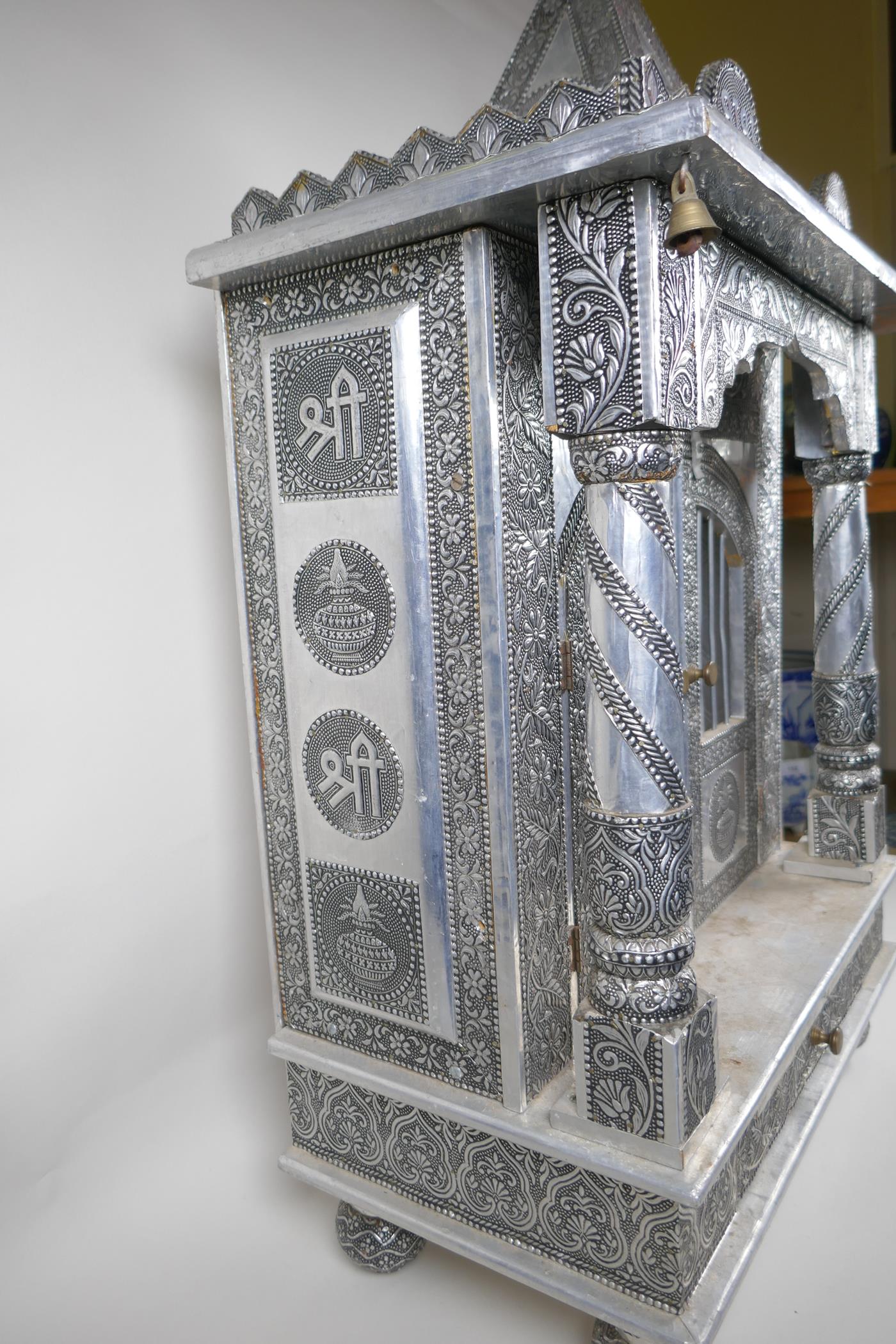 An Indian white metal veneered wooden table top shrine, 46 x 26cm, 82cm high - Image 4 of 4