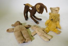 A vintage plush Bambi deer, and four antique teddy bears, deer 30cm high