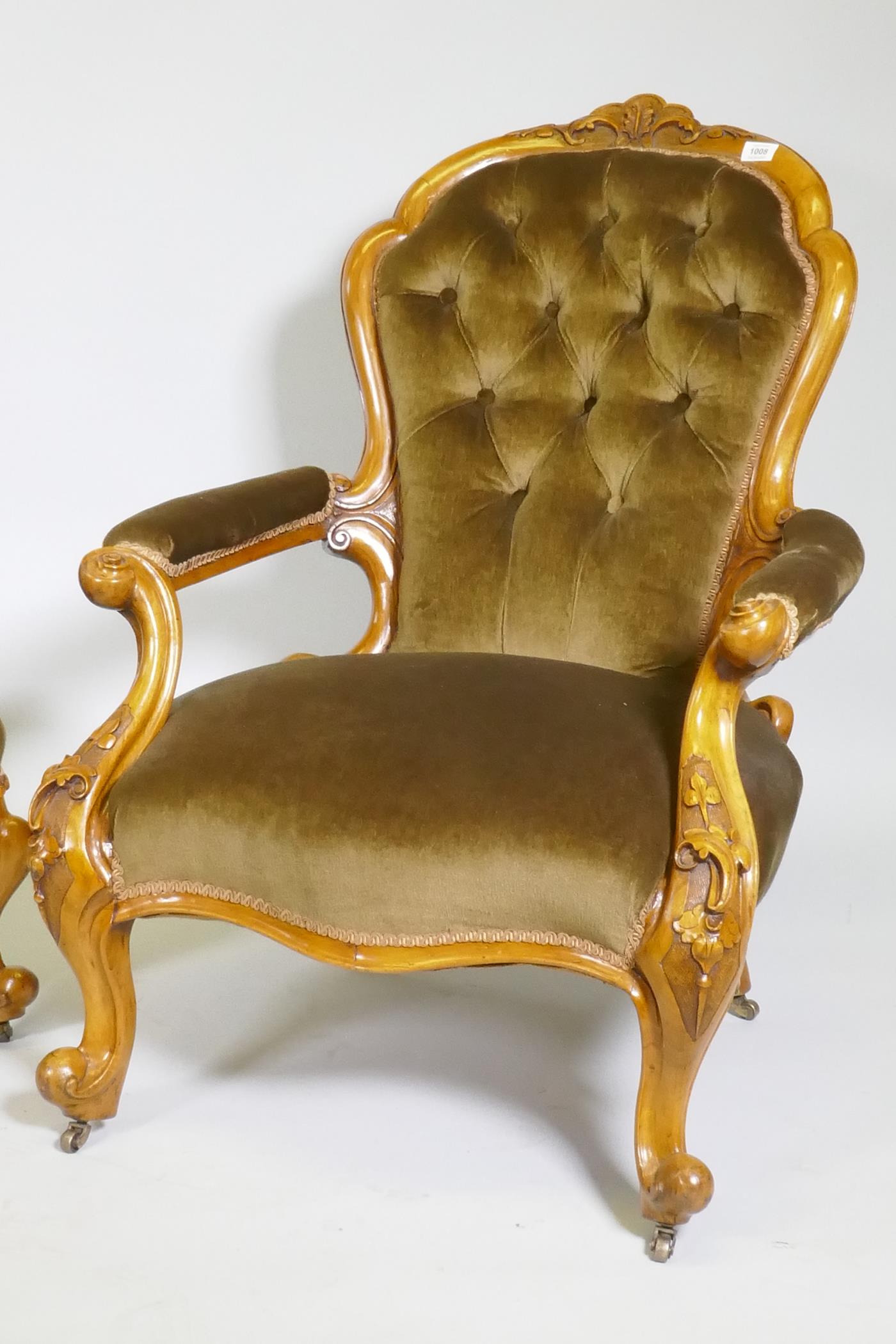 A Victorian gentleman's walnut show frame armchair with carved decoration, raised on cabriole - Image 2 of 3