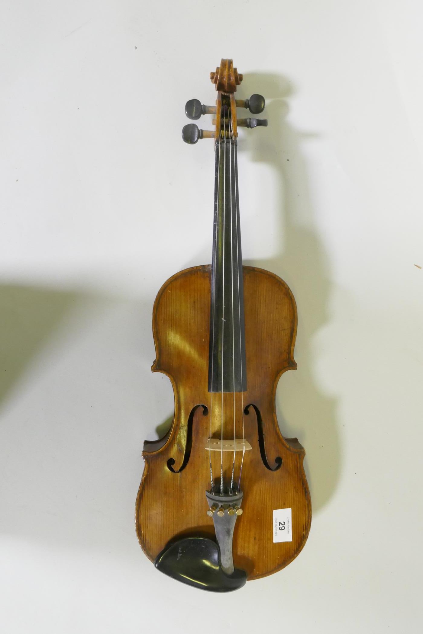 Early C20th full size violin stamped Hopf, with two piece back, 35.5cm long without button, and a - Image 2 of 11