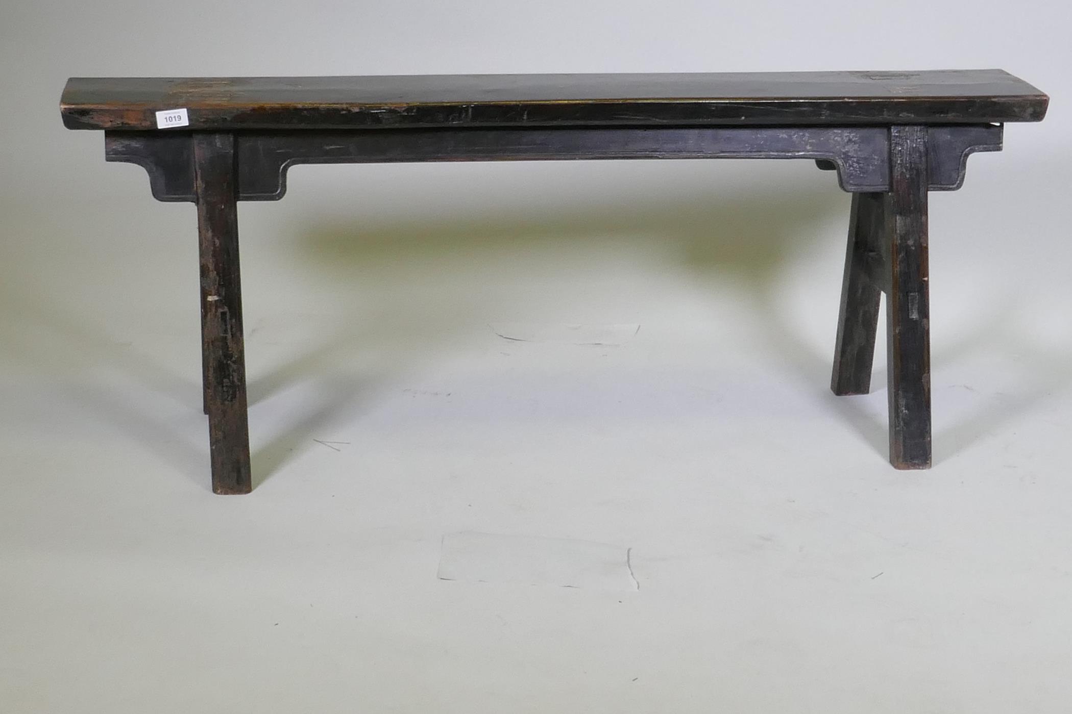An antique oriental hardwood trestle shaped bench, 131 x 35 x 51cm high - Image 2 of 5