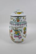 A Chinese Republic period porcelain jar and cover, with famille rose decoration of objects of