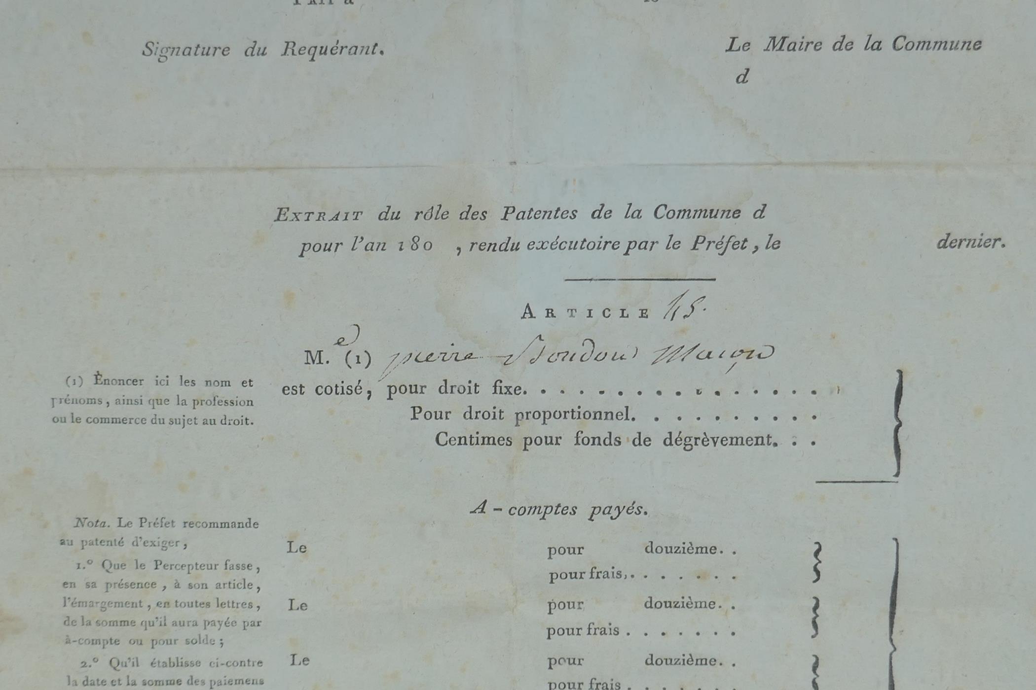 An early C19th French patent/tax form, 26 x 40cm - Image 4 of 6
