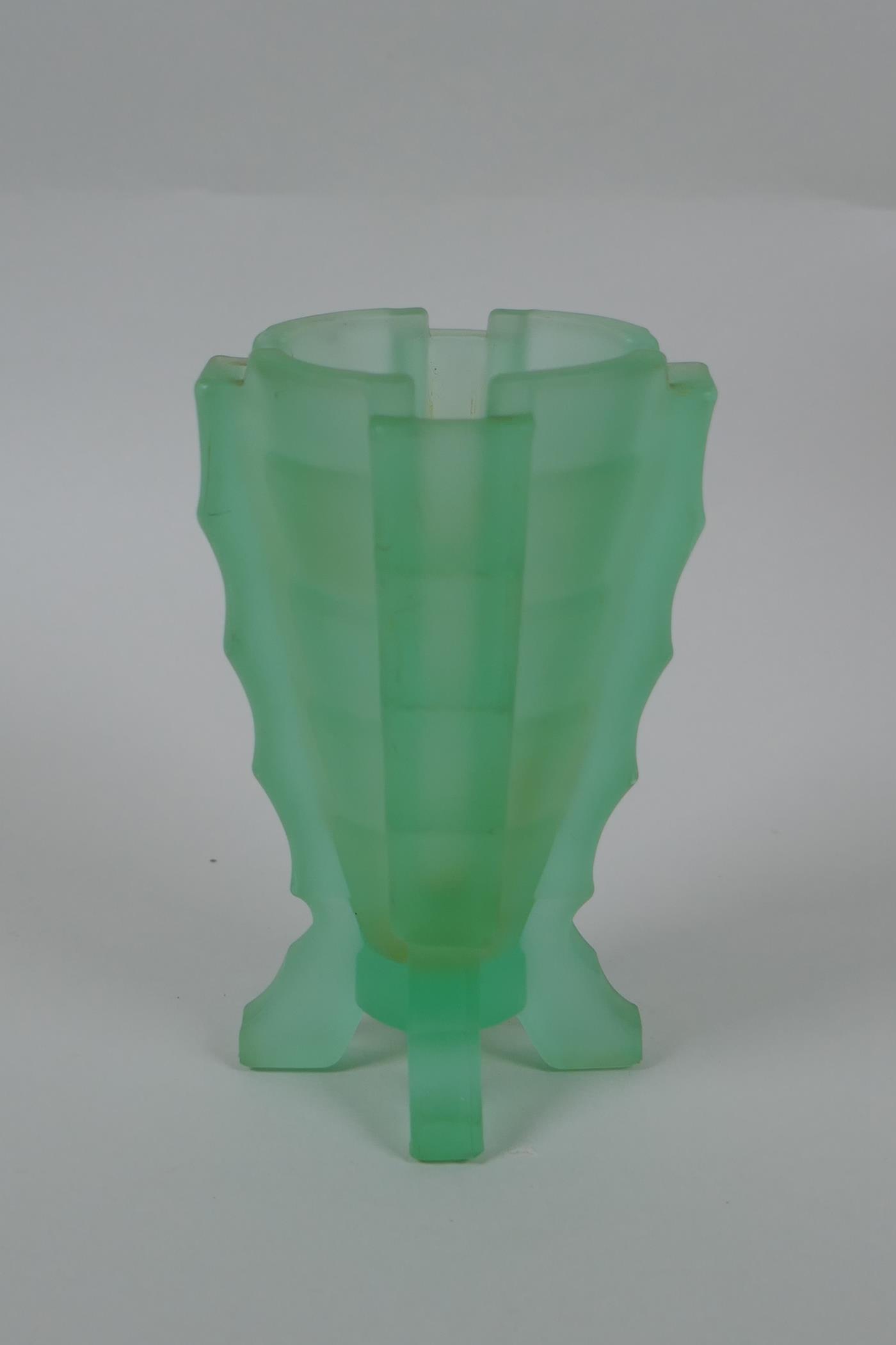 Two Bagley uranium glass flower vases and two vintage coloured glass bulb vases, largest 22cm - Image 3 of 5