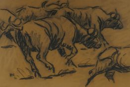 Bulls stampeding, monogrammed charcoal drawing, 37 x 56cm