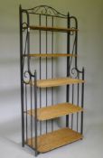 A folding metal pot rack with five wicker shelves, 80 x 42 x 186cm