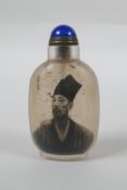 A Chinese reverse decorated glass snuff bottle depicting a bearded gentleman, character