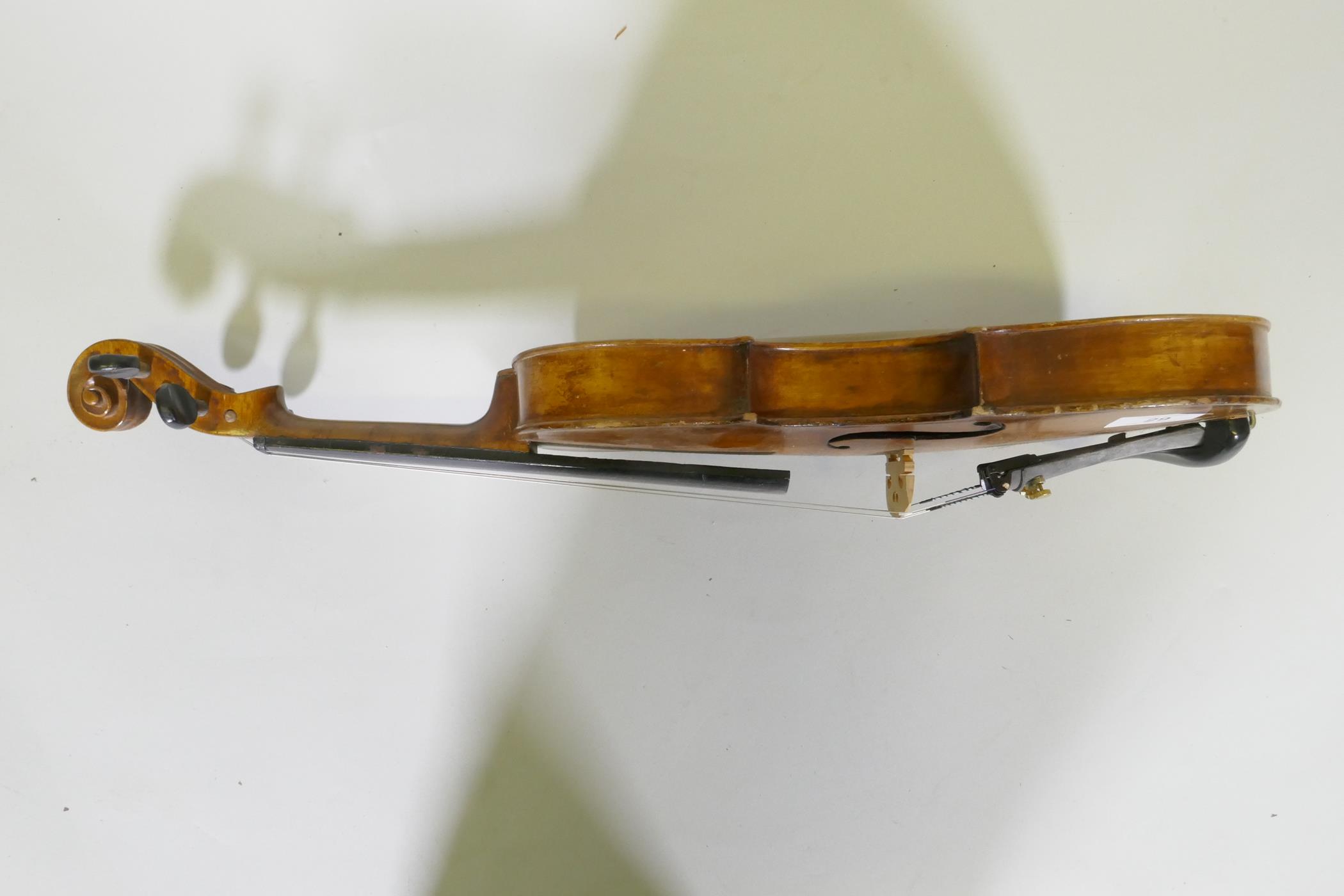 Early C20th full size violin stamped Hopf, with two piece back, 35.5cm long without button, and a - Image 5 of 11