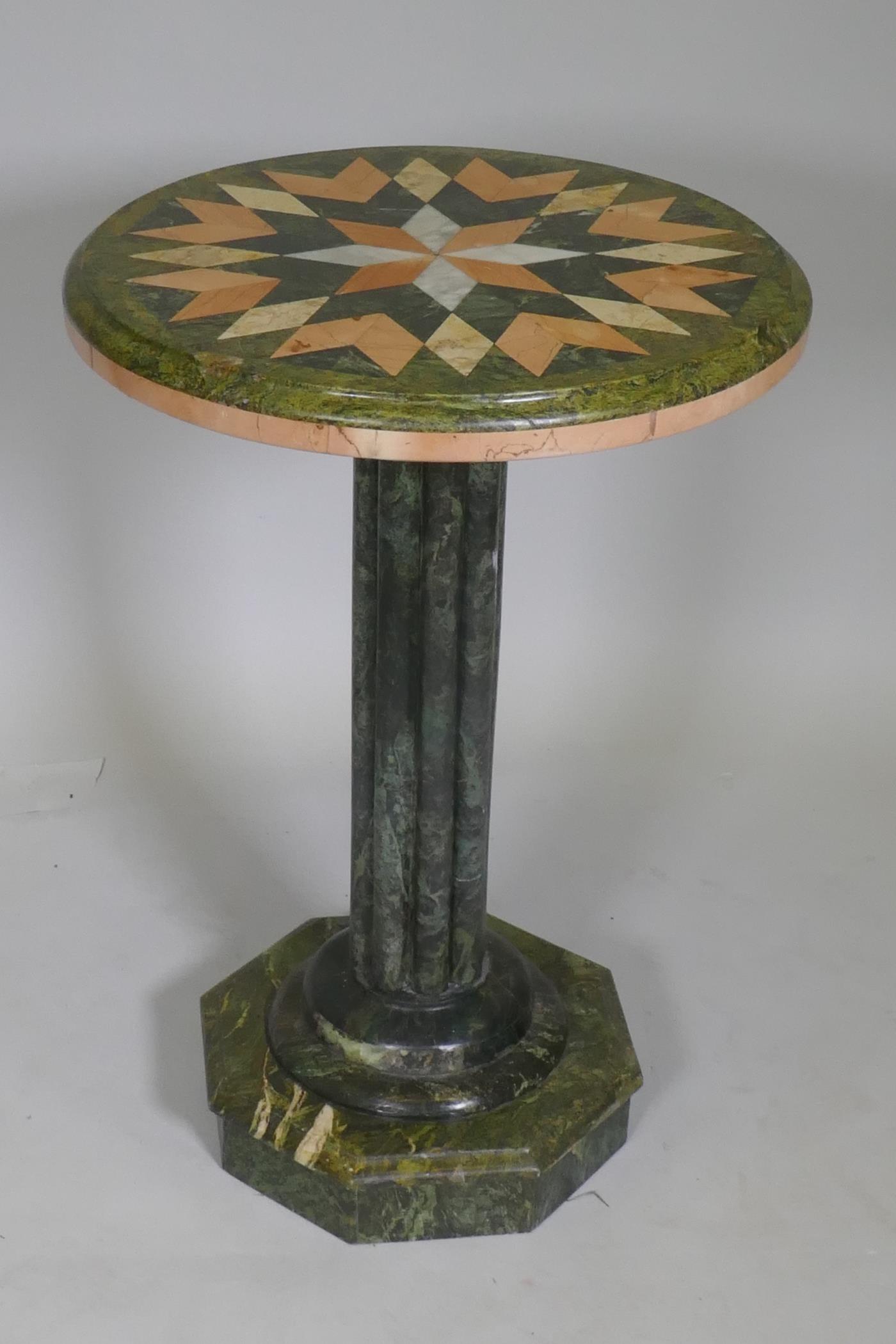 A marble occasional table, with specimen inlaid top, raised on a reeded column and octagonal - Image 2 of 3