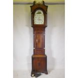 C19th Welsh oak long case clock, the inlaid case with brass mounts, arched dial, decorated with a