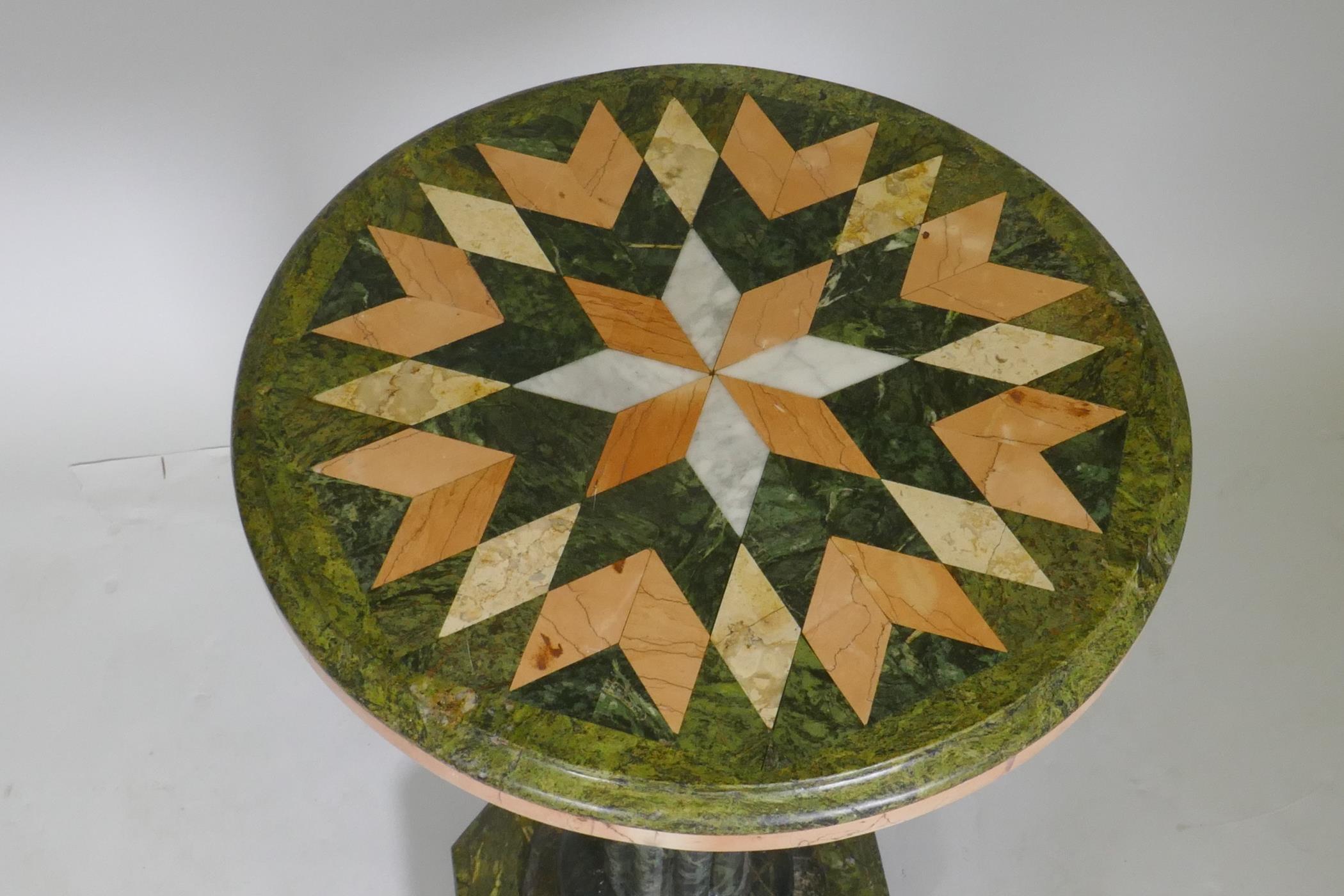 A marble occasional table, with specimen inlaid top, raised on a reeded column and octagonal - Image 3 of 3