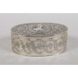 A C19th French silver oval box with repousse portrait and swag decoration, 107g, 9 x 6cm