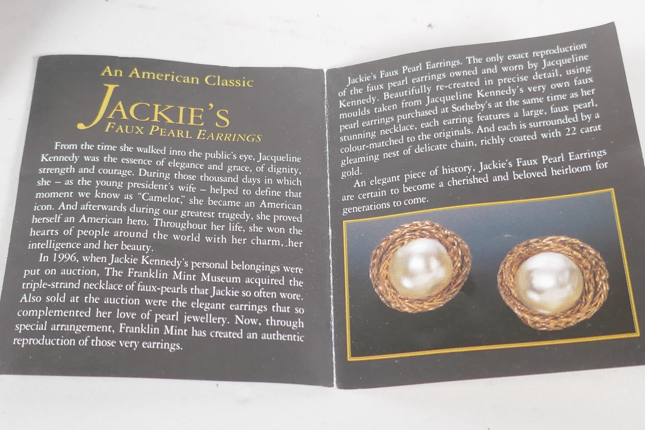 A pair of faux pearl 'Jackie's' (Kennedy) replica earrings, and a 9ct gold ring set with a large - Image 2 of 5