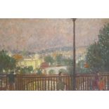 Moonlit city scape with figures on a bridge, unsigned, first half C20th, oil on board, 38 x 31cm
