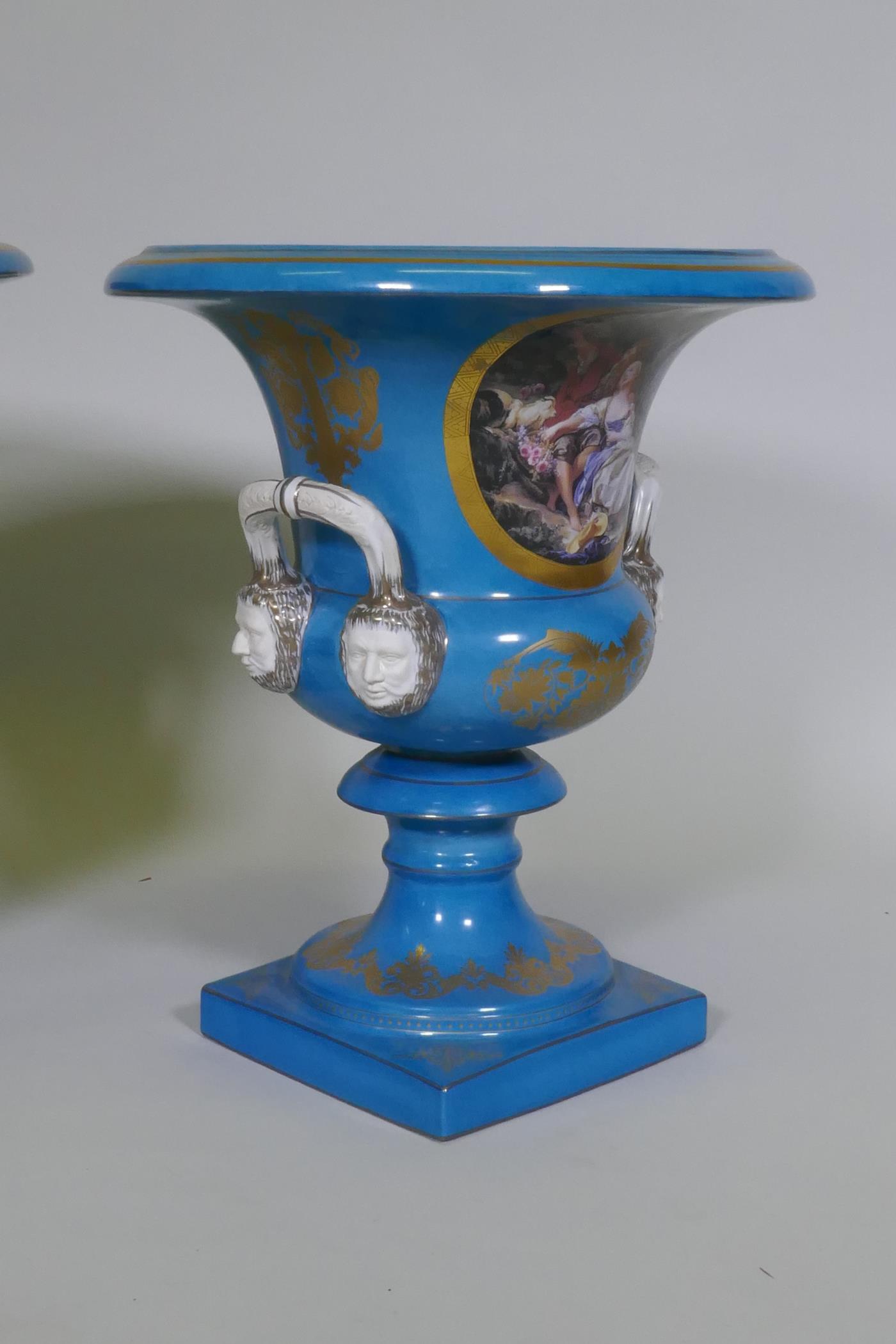 A pair of Sevres style continental porcelain vase decorated with courting couples, on a blue ground, - Image 3 of 5