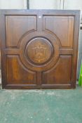 Architectural salvage, C19th oak panelling with marquetry inlaid armorial crest, 151 x 153cm