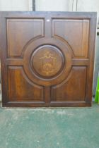 Architectural salvage, C19th oak panelling with marquetry inlaid armorial crest, 151 x 153cm