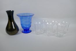 A Thomas Webb blue glass vase, six Thomas Webb glass tumblers and a Stuart Strathern ebony and