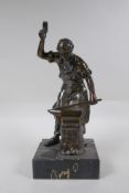 After Adrien Etienne Gaudez, bronze figure of a blacksmith, on a marble base, 32cm high