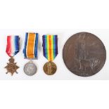 Great War 1914 Star Medal Trio and Memorial Plaque Awarded to a Captain in the Royal Engineers who C