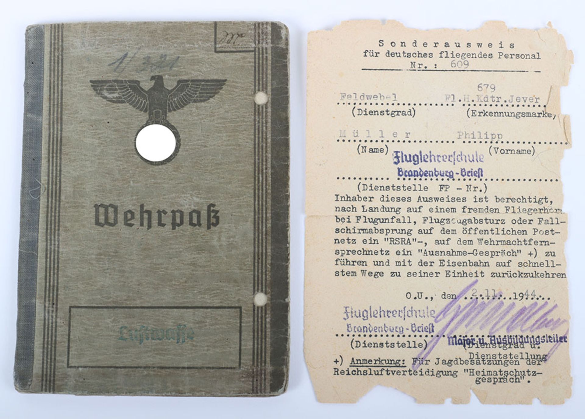 WW2 German Luftwaffe Wehrpass to a Flying Instructor who in 1945 Flew Operationally with II Kampfges