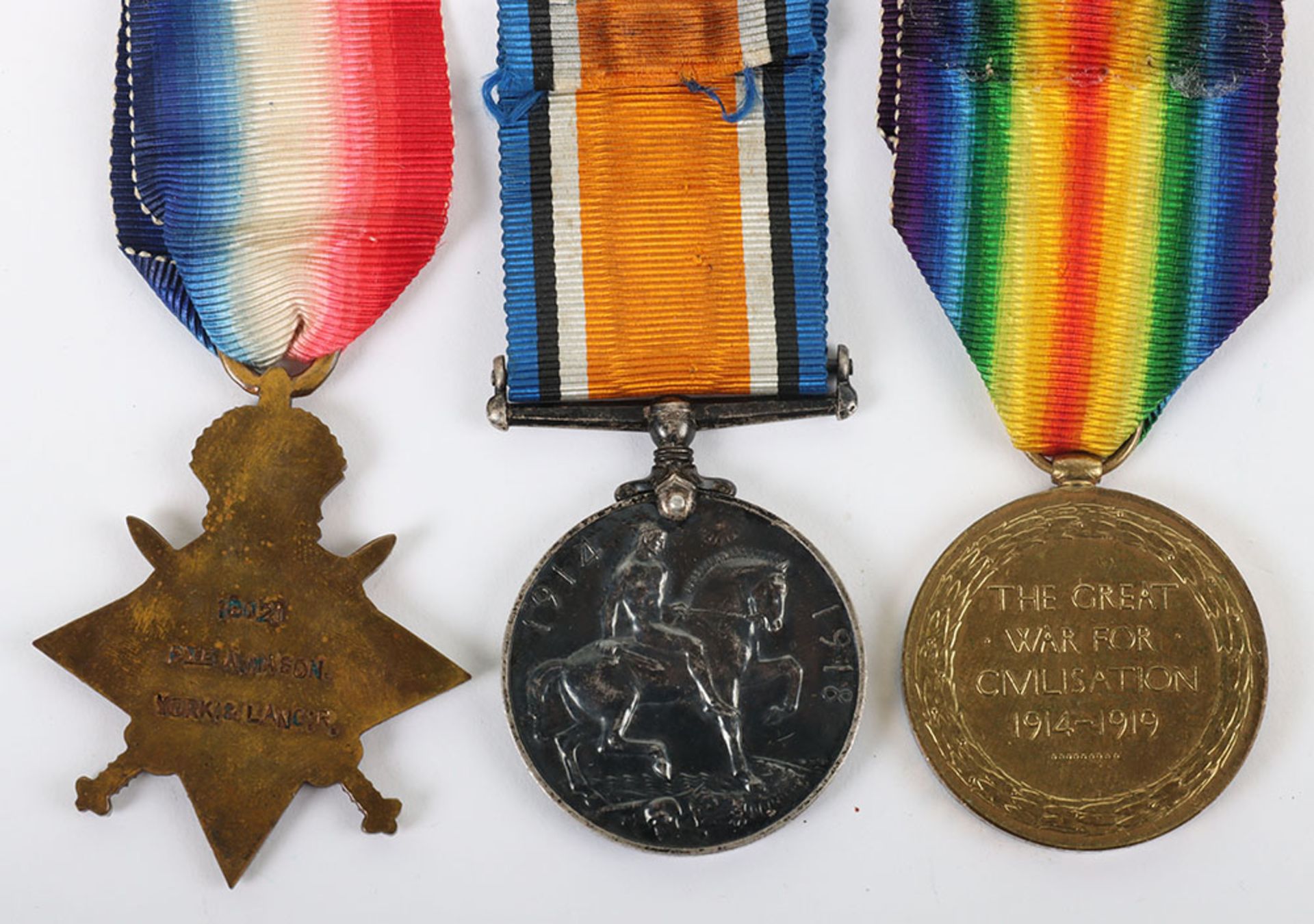 Great War 1914-15 Star Medal Trio to a Private in the 10th Battalion York & Lancaster Regiment Who W - Bild 5 aus 7