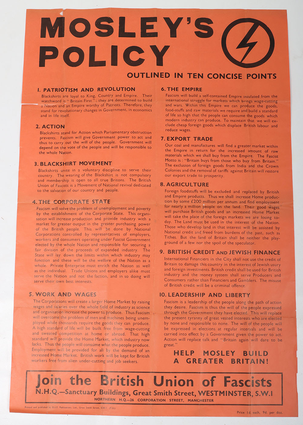 Scarce British Union of Fascists (B.U.F) ‘Mosley’s Policy’ Poster - Image 4 of 6