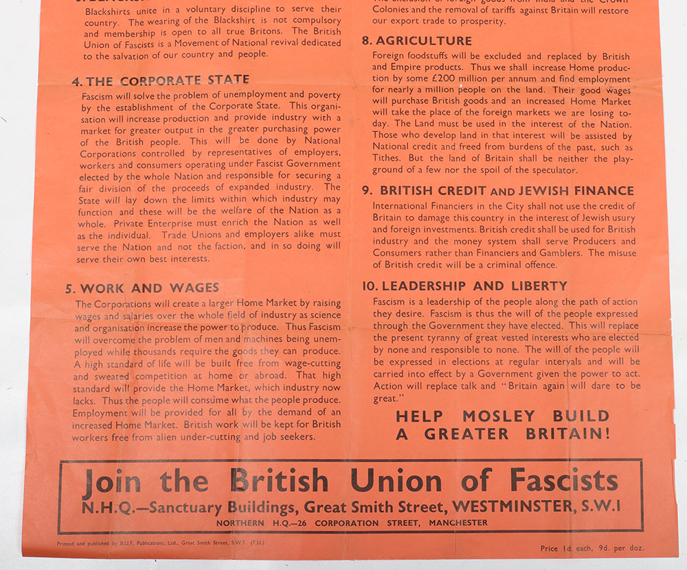 Scarce British Union of Fascists (B.U.F) ‘Mosley’s Policy’ Poster - Image 3 of 6