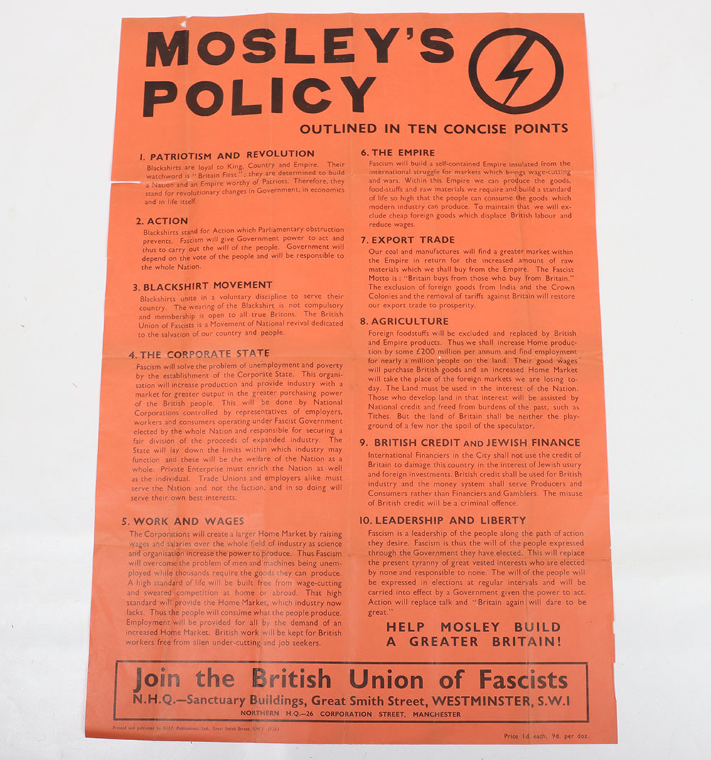 Scarce British Union of Fascists (B.U.F) ‘Mosley’s Policy’ Poster