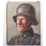 Oil on Canvas Painting of a WW1 German Officer Wearing Steel Helmet