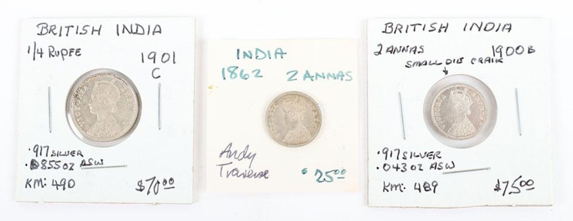 British India, Victoria, 1862 2 Annas, 1901C Quarter Rupee and 1900B 2 Annas