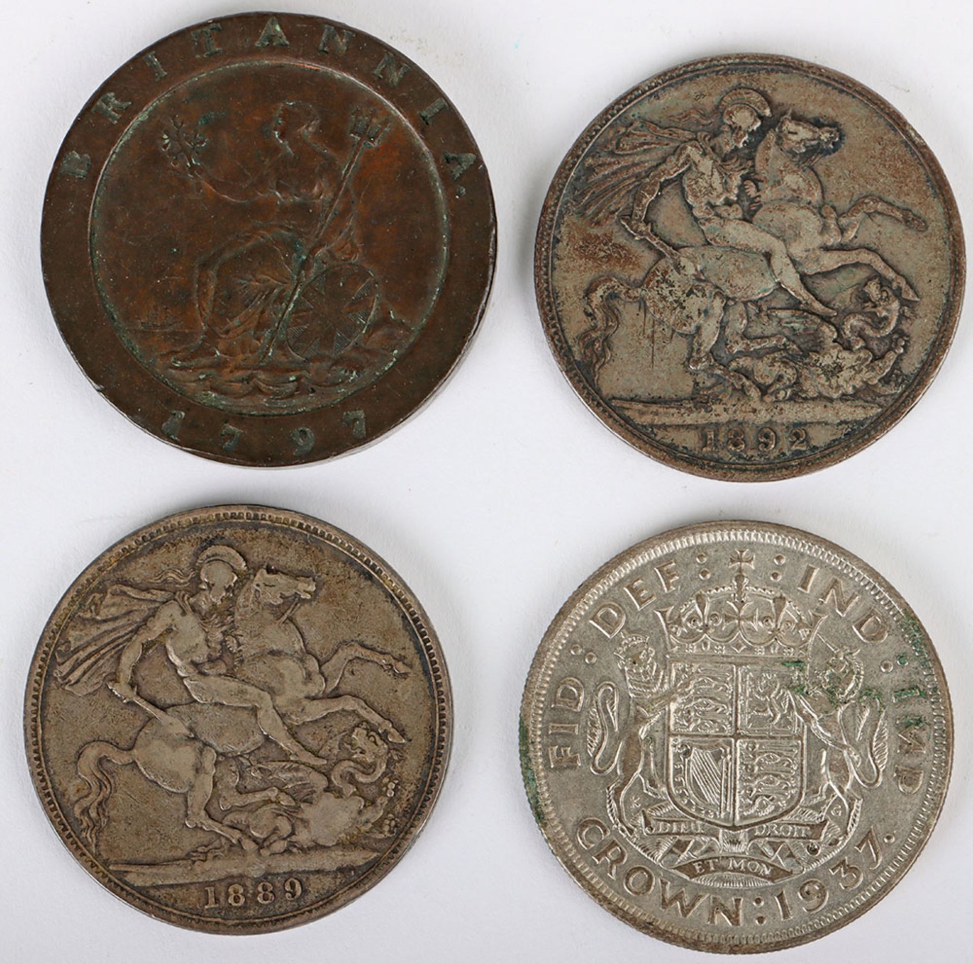 Victoria Crowns 1889, 1892, with 1797 Cartwheel Twopenny and a 1937 Crown - Image 2 of 2