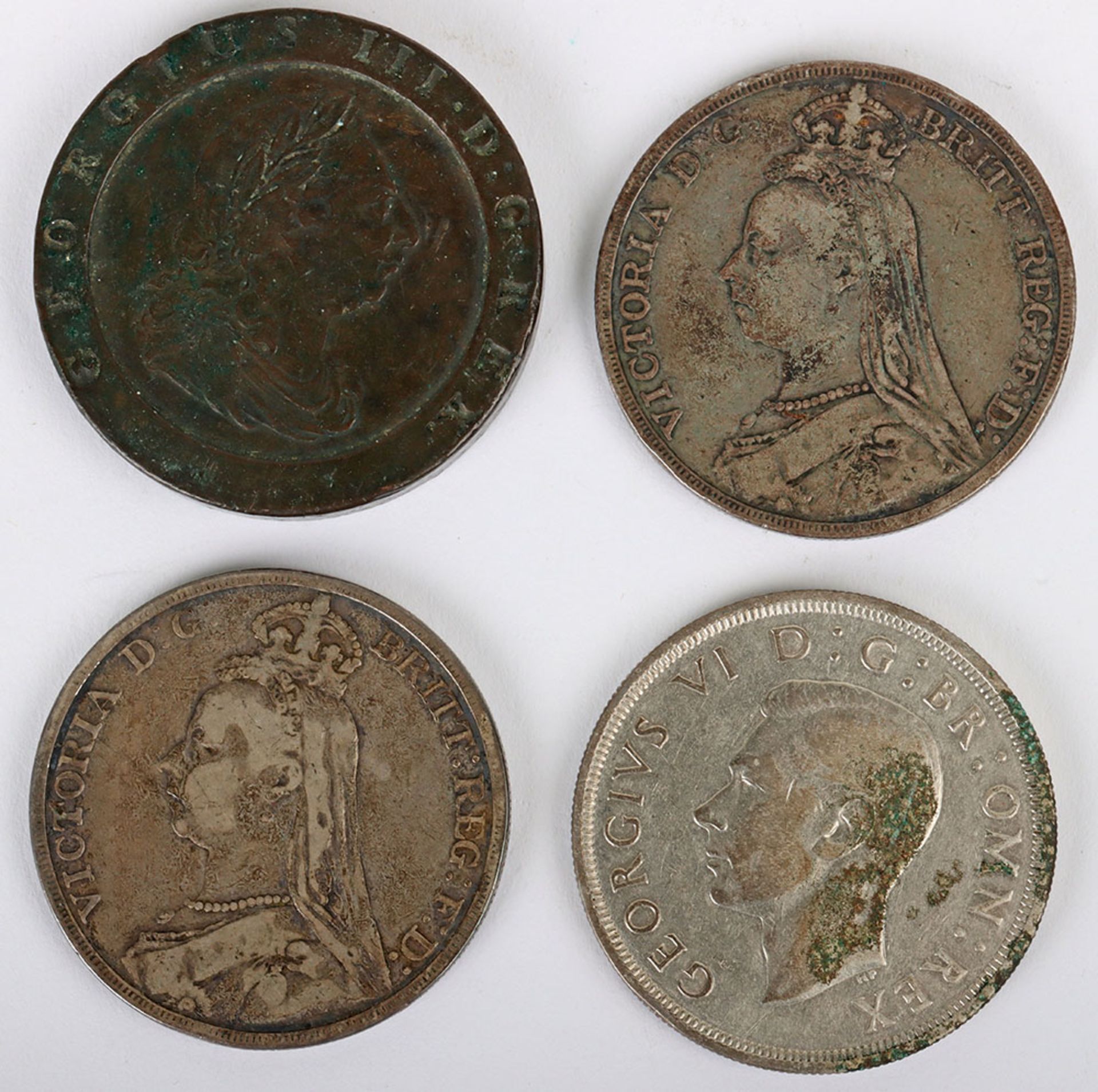 Victoria Crowns 1889, 1892, with 1797 Cartwheel Twopenny and a 1937 Crown